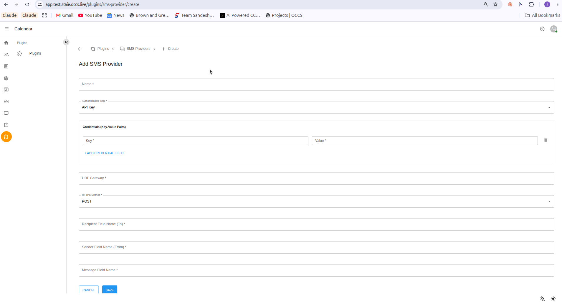 Add SMS Provider form with all configuration fields