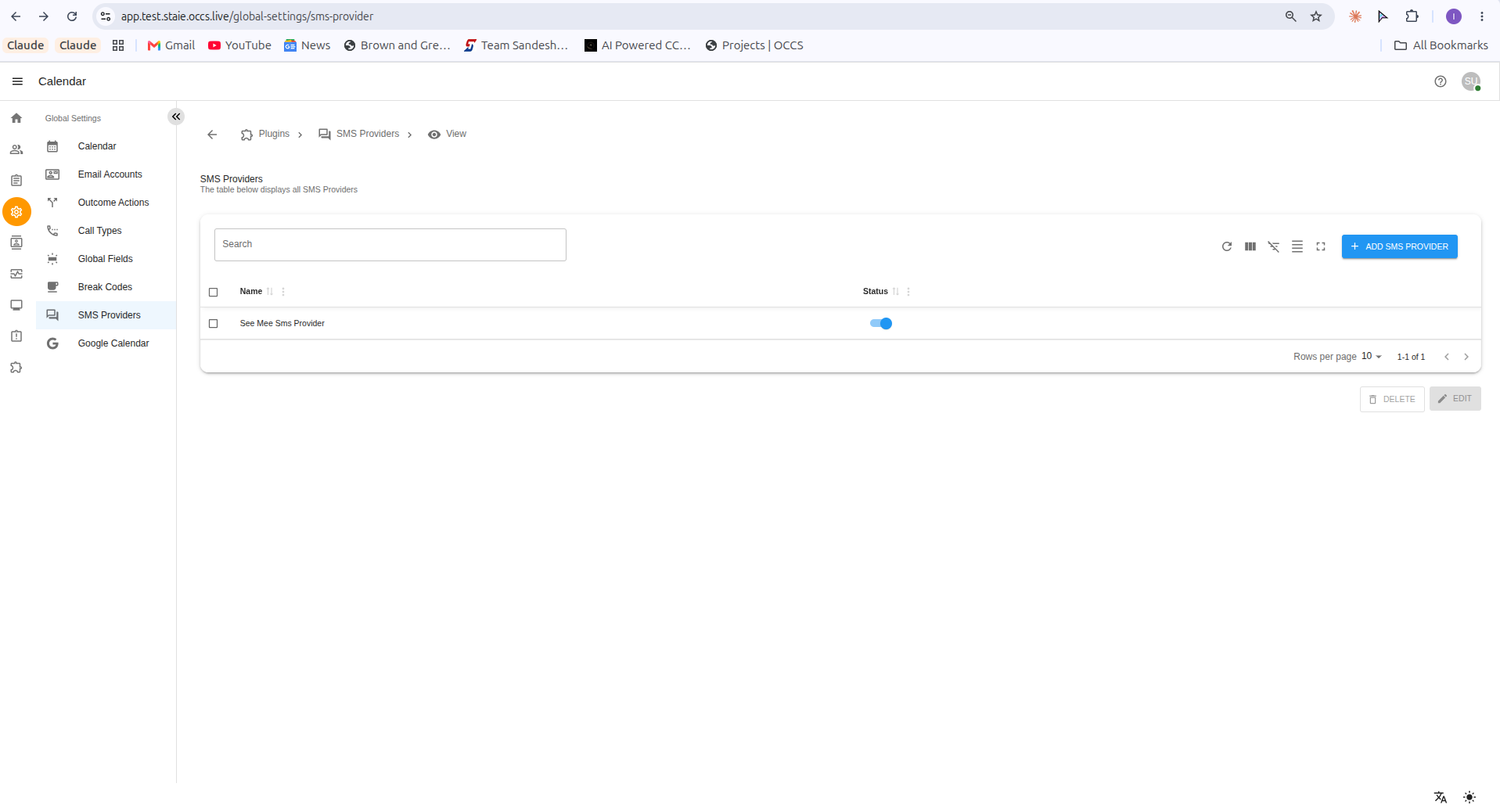 SMS Providers list showing an active provider with its status toggle switched on