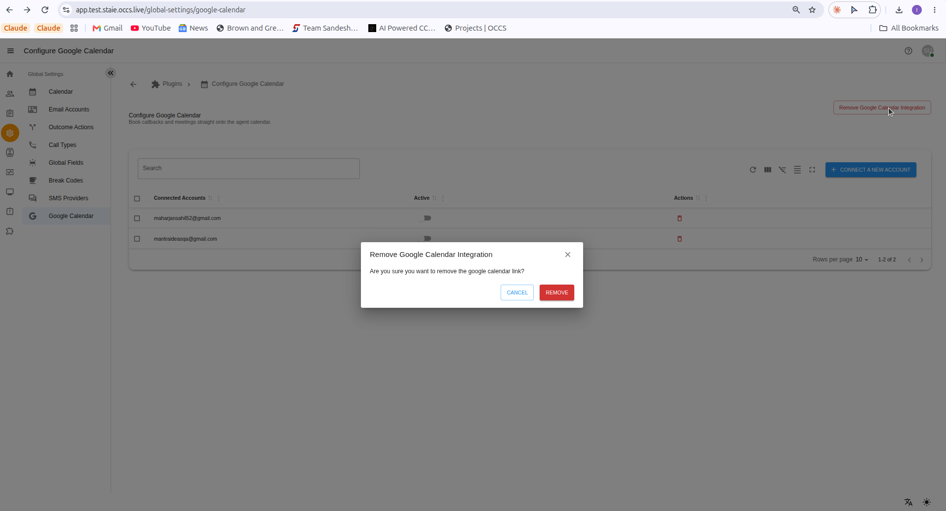 Remove Google Calendar Integration confirmation dialog