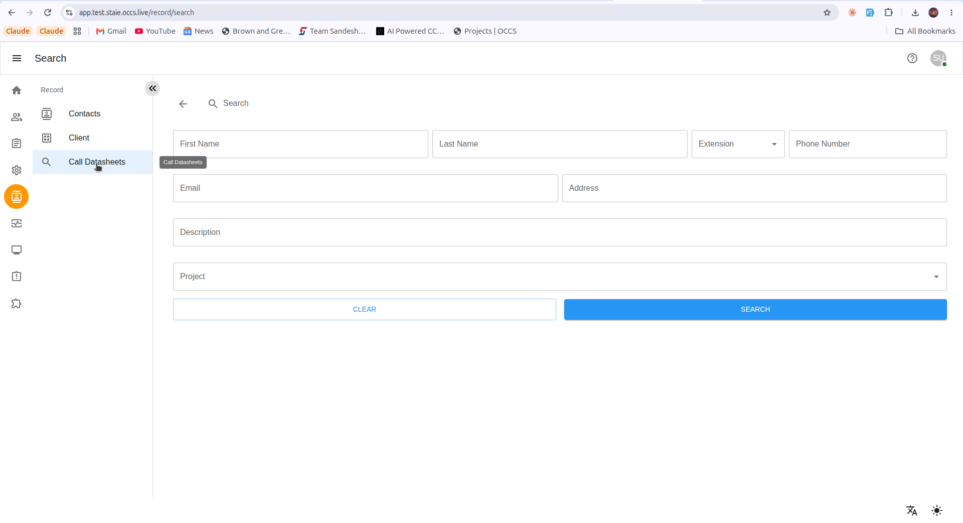 Call Datasheets search form with First Name