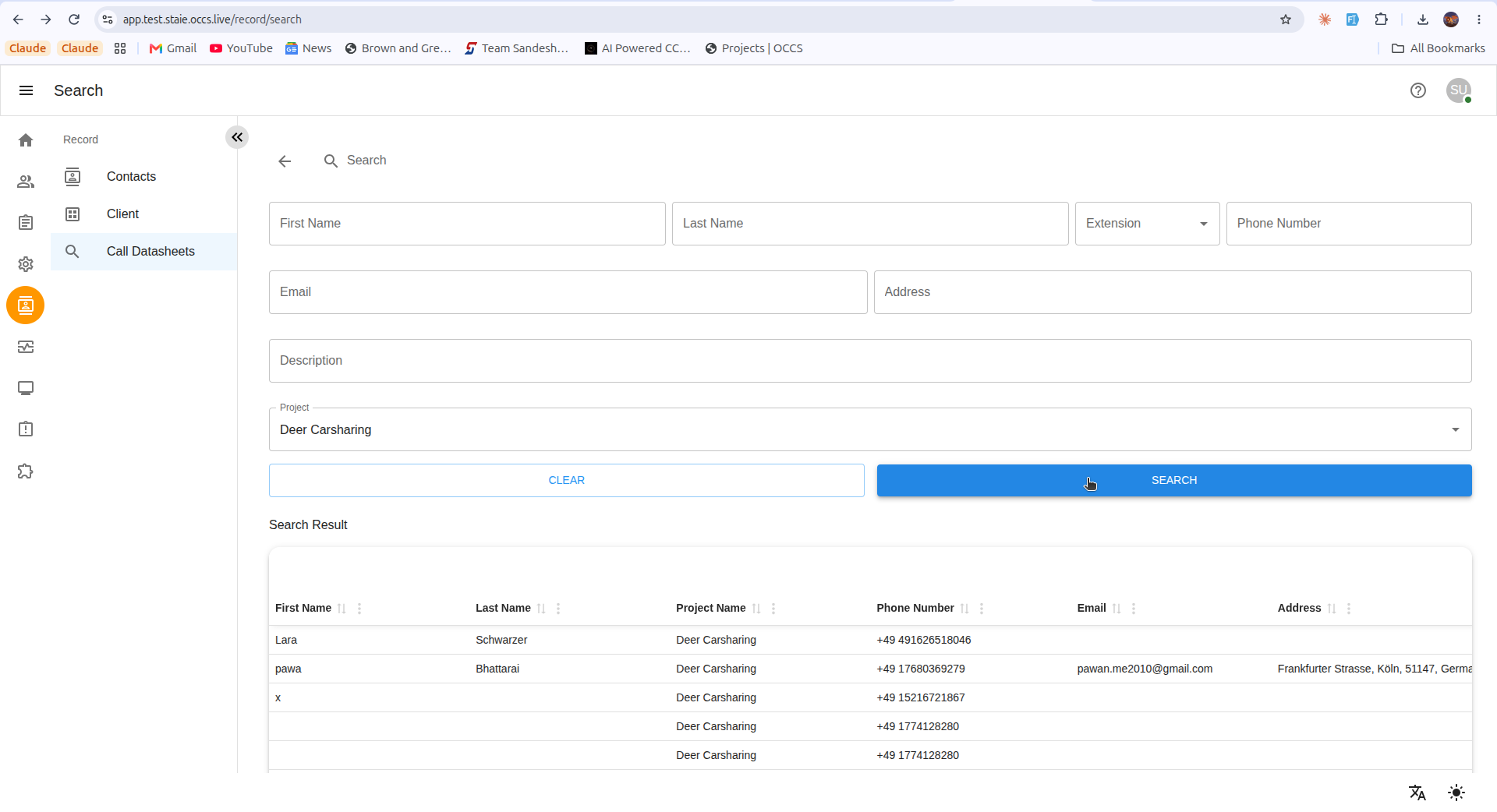 Search Result table listing clients matching the selected project