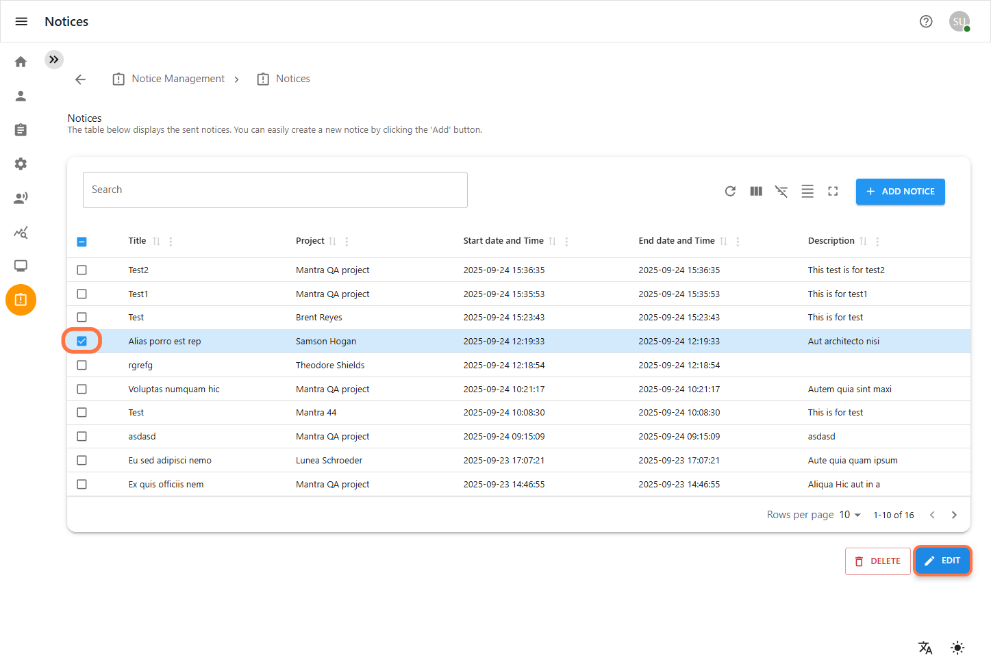 Select Notice to Edit