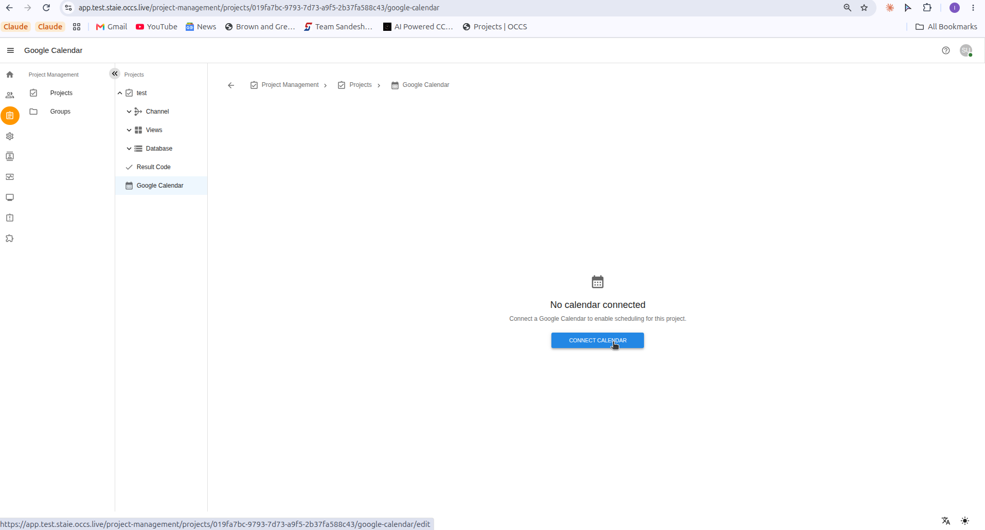 Google Calendar screen showing No calendar connected with the Connect Calendar button