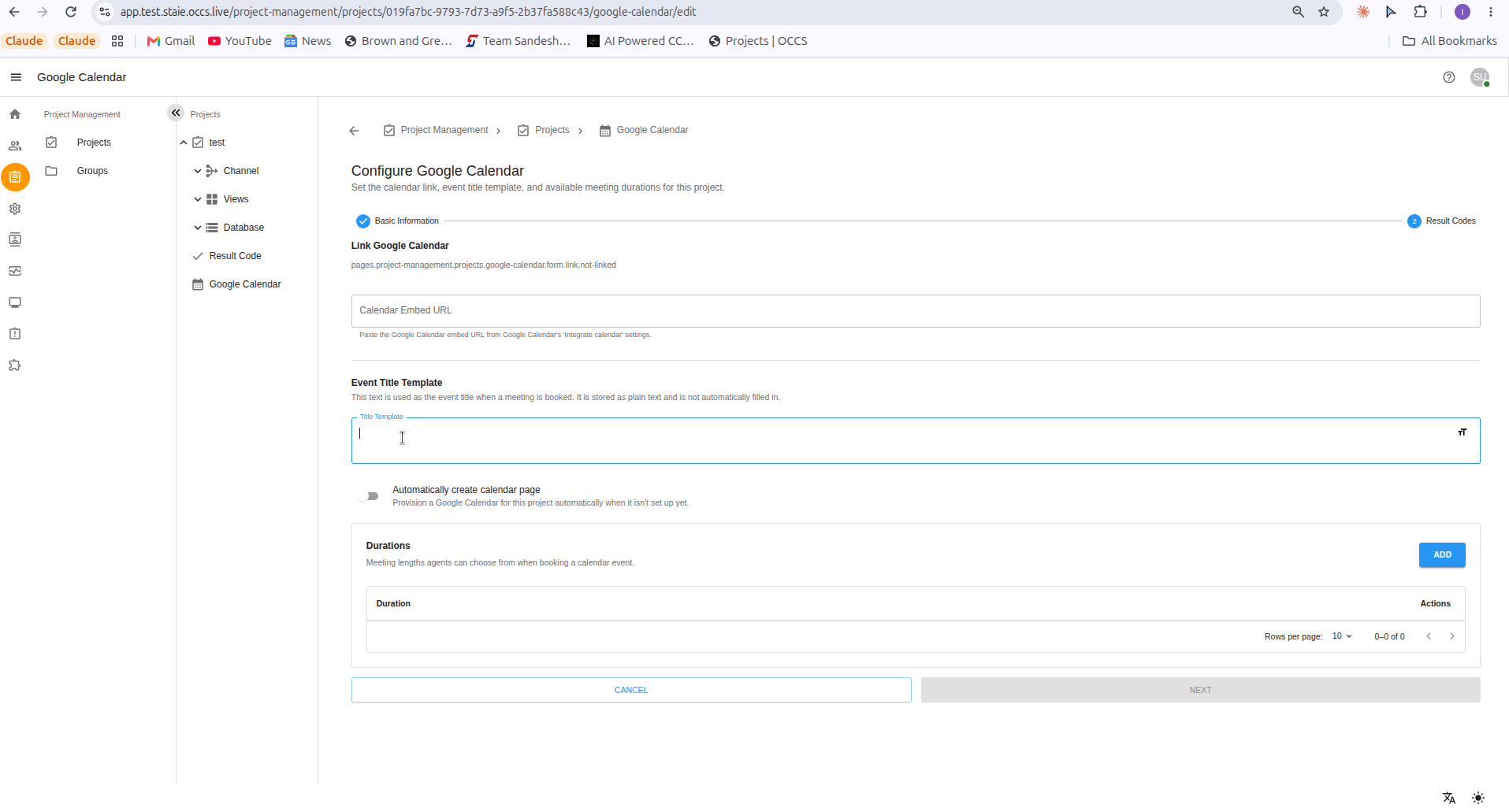 Configure Google Calendar form showing Calendar Embed URL