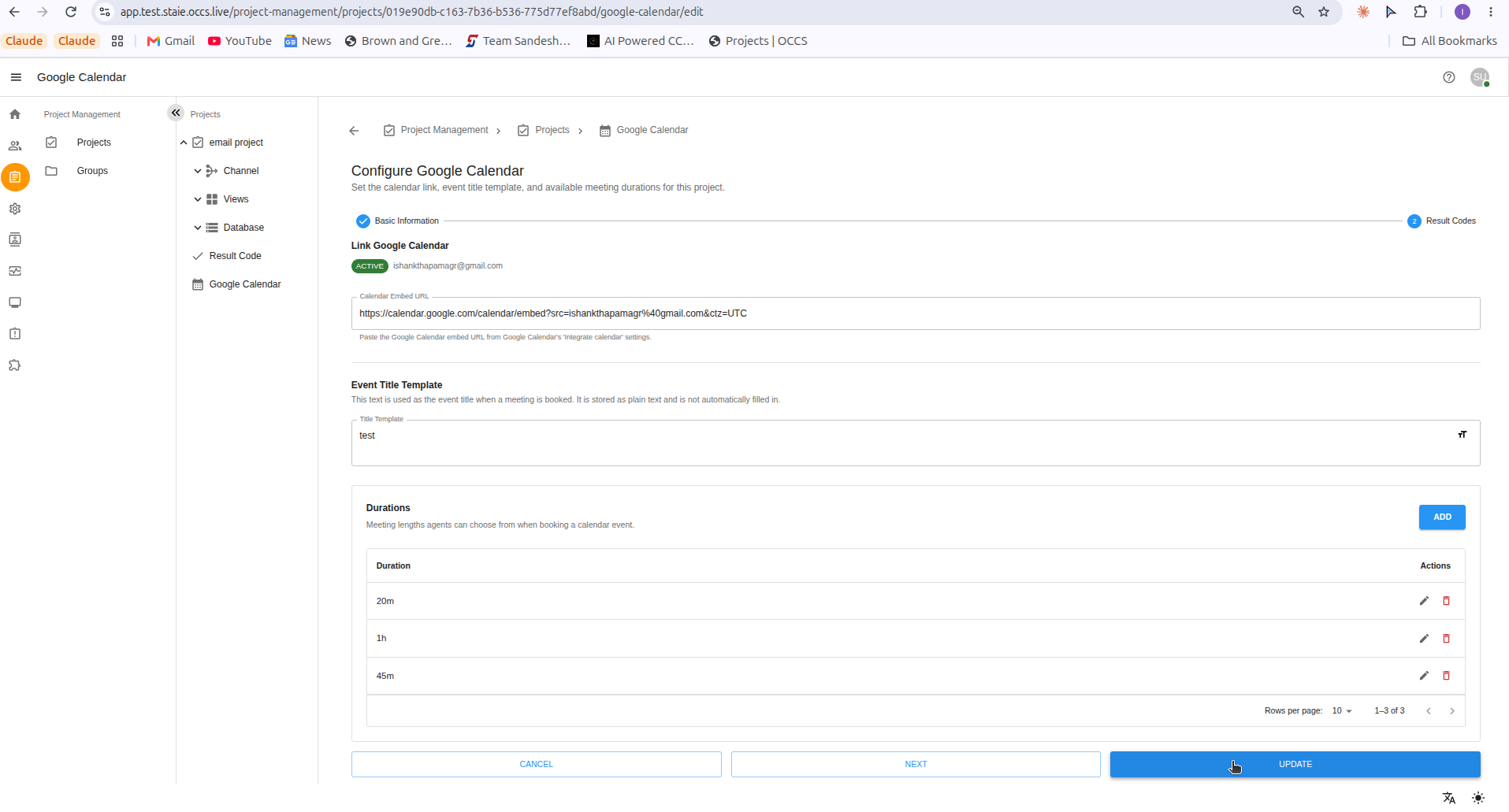 Configured Google Calendar screen showing an active linked account