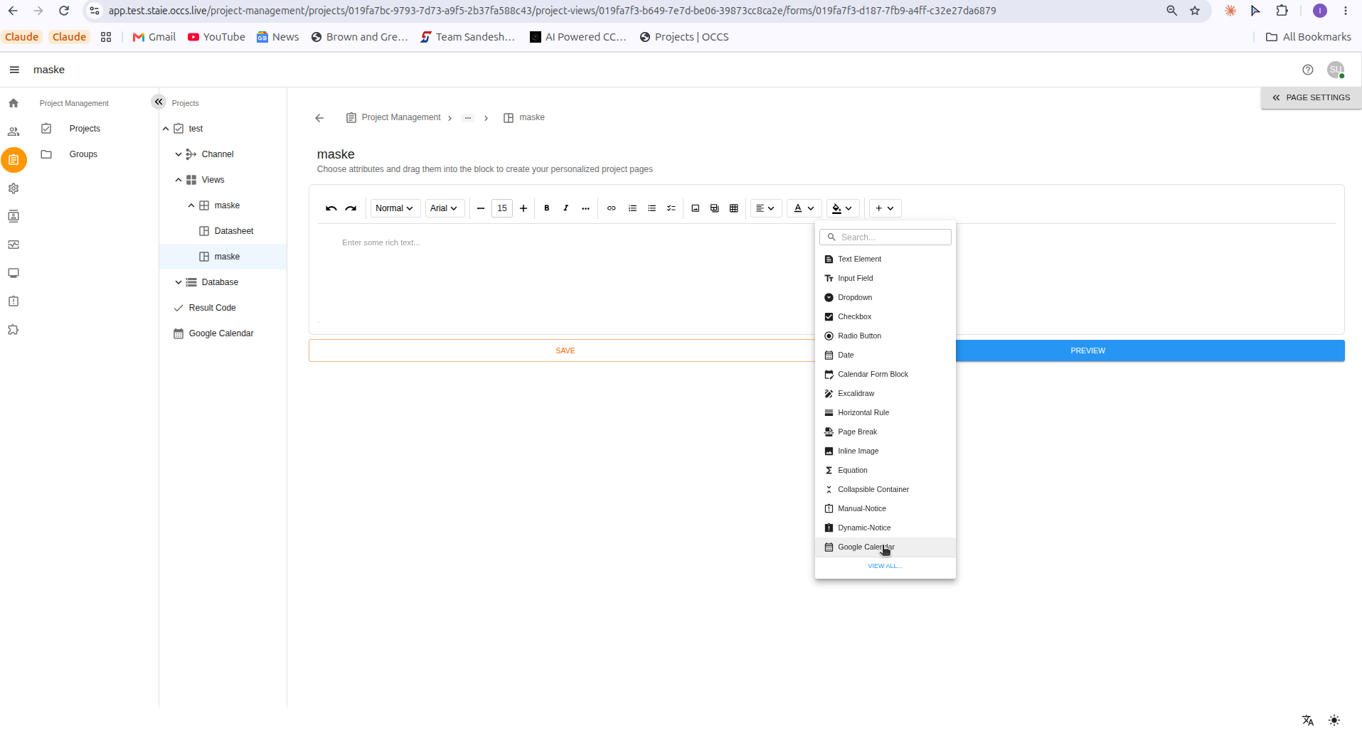 Maske form toolbar with the + dropdown open and Google Calendar highlighted in the block list