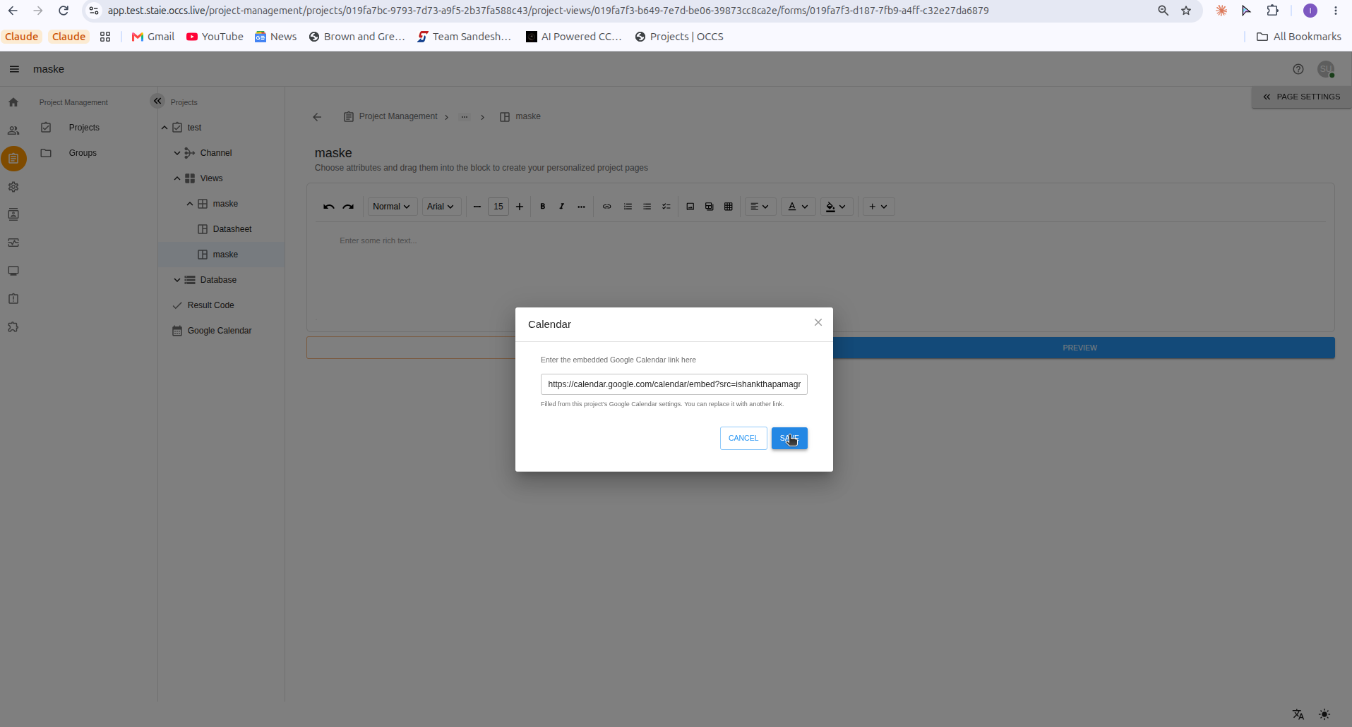 Calendar dialog showing the embedded Google Calendar link field with Save and Cancel buttons